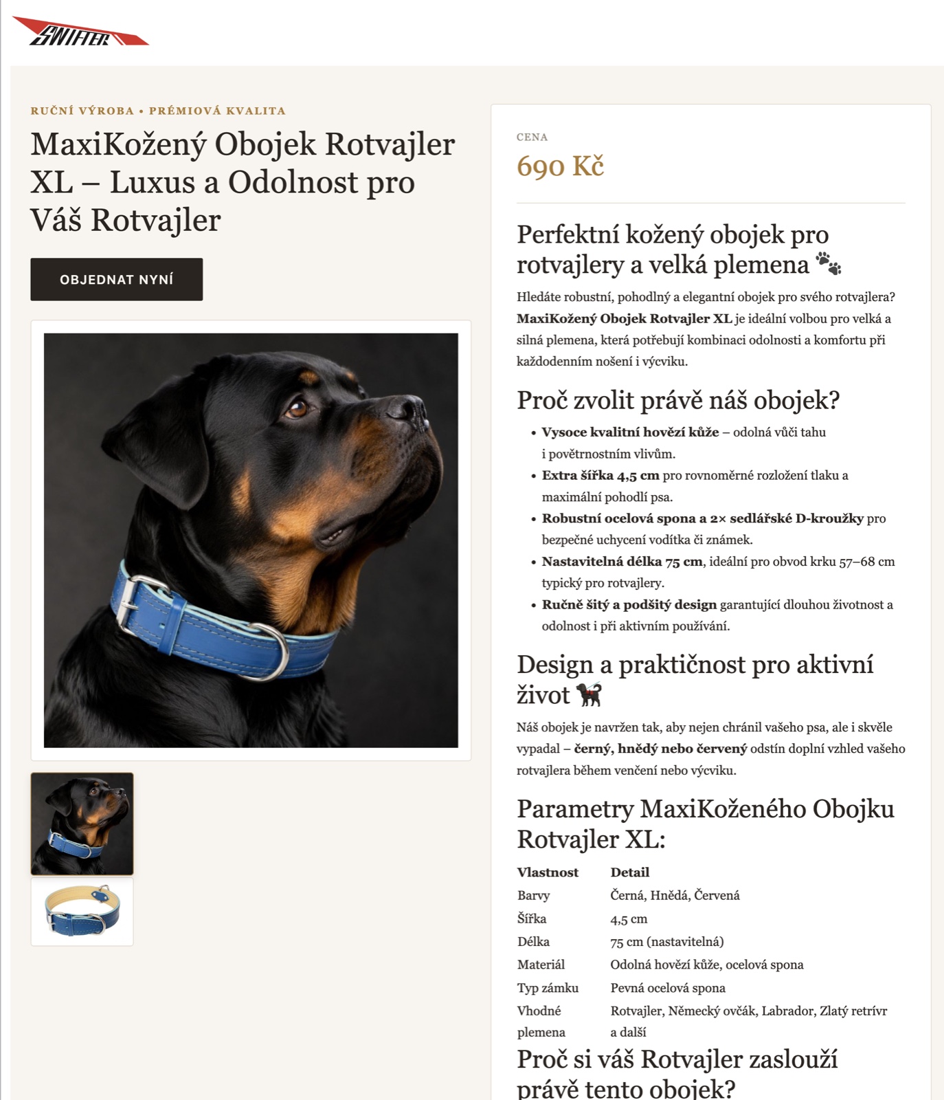 Swifter.cz - AI generovaná produktová landing page