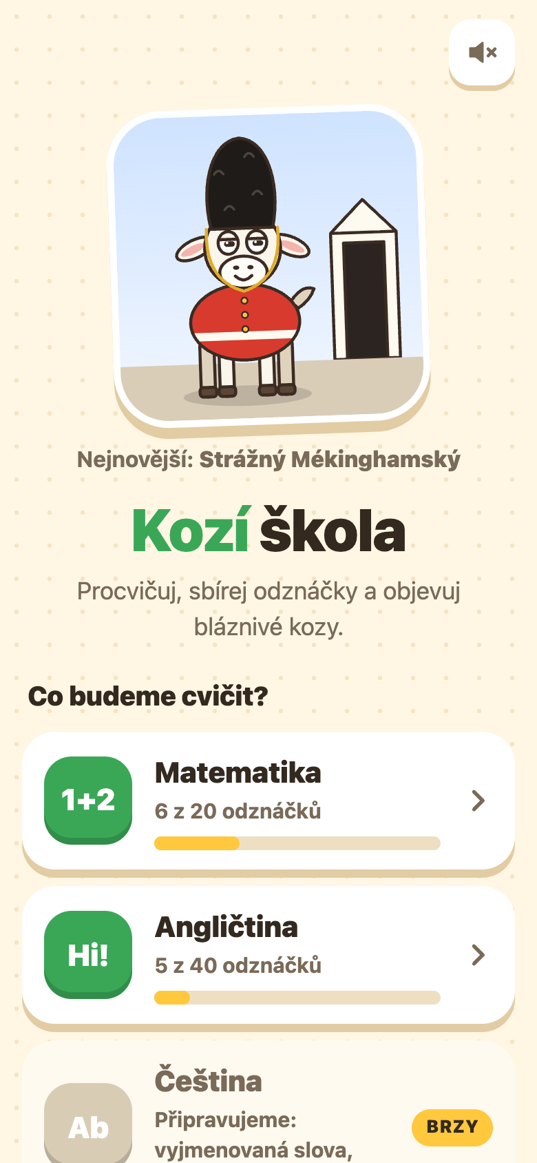 Kozí škola - úvodní obrazovka s nejnovější kozou ze sbírky