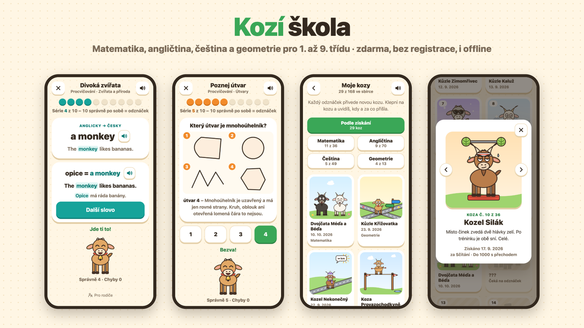 Kozí škola na čtyřech telefonech - anglické slovíčko ve větě, poznávání útvarů, sbírka koz a detail jedné z nich