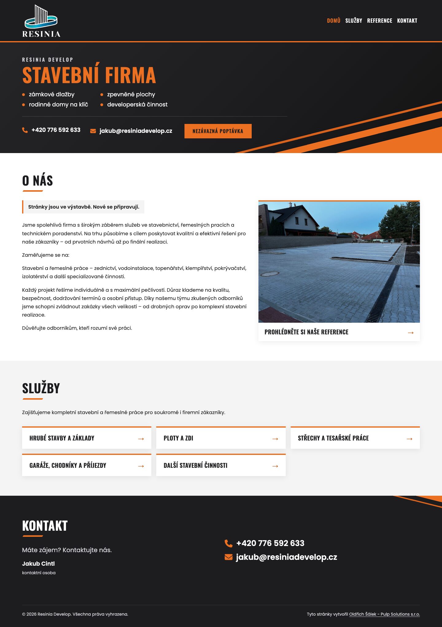 Web Resinia Develop - úvodní stránka