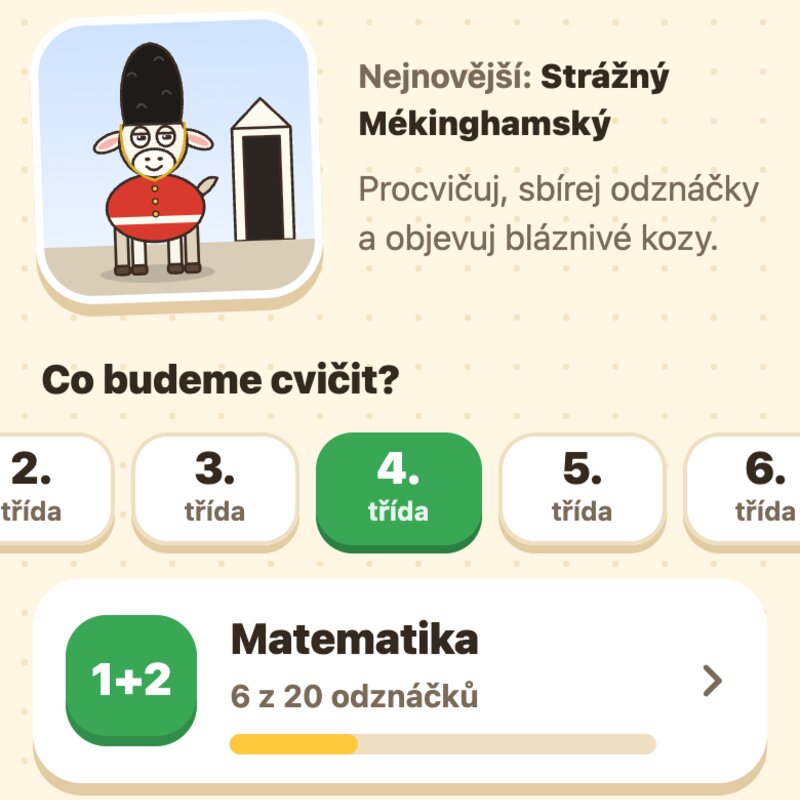 Kozí škola - úvodní obrazovka s nejnovější kozou ze sbírky