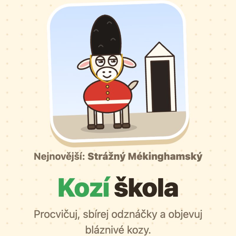 Kozí škola - úvodní obrazovka s nejnovější kozou ze sbírky