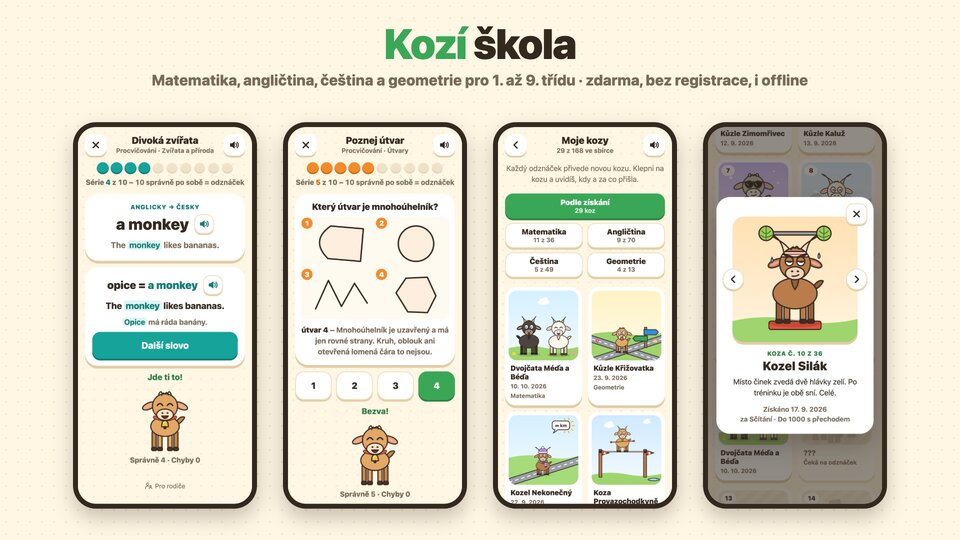 Kozí škola na čtyřech telefonech - anglické slovíčko ve větě, poznávání útvarů, sbírka koz a detail jedné z nich