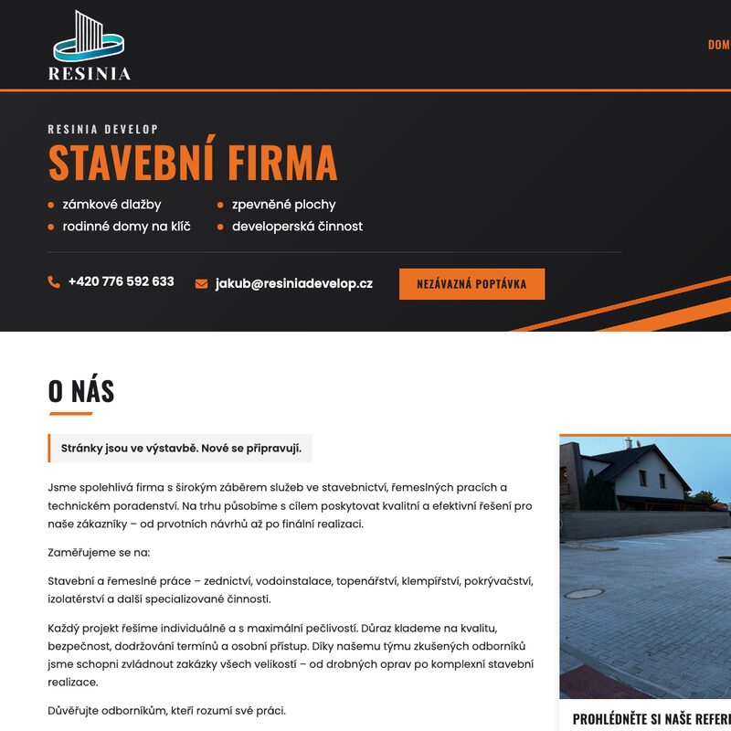 Web Resinia Develop - úvodní stránka